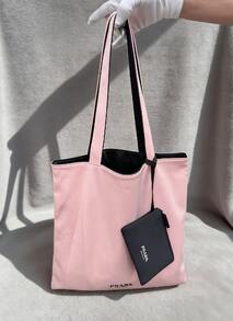 Prada Black And Pink Canvas Tote Bag, Large Capacity Shoulder Bag With Card Holder, Suitable For Daily Use Or As Holiday Gift - Black Powder - View 9