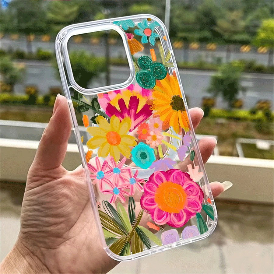 Funda para teléfono de acrílico transparente magnético con patrón Dibujar flores, compatible con iPhone 17/16/15/14/13/12/11 Pro Max/Pro/Plus, Galaxy S25, S24, S23, S22, S21, S20 y serie A, OPPO y . - transparente - Ver 1
