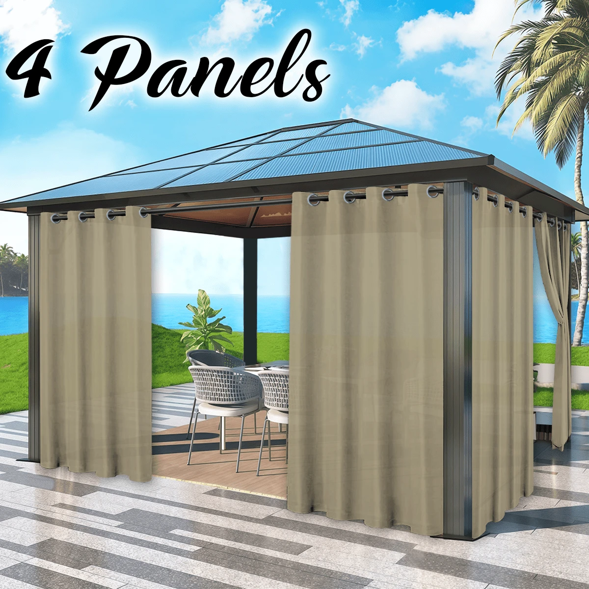 4 Panels Outside Decor Waterproof Grommet Top Solid Color Curtains For Porch, Outdoor Light Filtering Weatherproof Privacy Uv-Resistant Curtains For Patio, Pergola, Gazebo, Cabana - Taupe - View 1