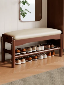 Banco de almacenamiento de zapatos con cojín, banco de entrada con almacenamiento de madera maciza ideal para entrada, sala de estar y pasillo, asientos de piel sintético - Burdeos - Ver 1