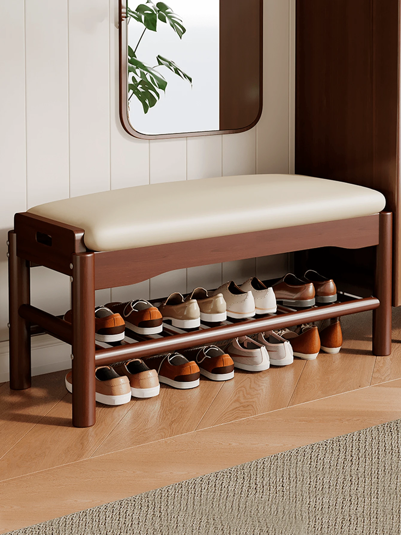 Banco de almacenamiento de zapatos con cojín, banco de entrada con almacenamiento de madera maciza ideal para entrada, sala de estar y pasillo, asientos de piel sintético - Burdeos - Ver 1