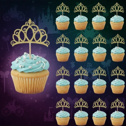 15/30pcs Glitter Gold Tiara Cupcake Toppers, Princess Crown Cake Picks For BabyShower, Birthday Party Decoration, Royal Wedding Theme Party Supplies