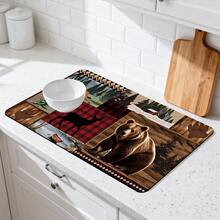 1/10pcs Set Classic Modern Style Absorbent Mat, With Plaid Background Decorated With Bears, Deers, Foxes And Wooden Cabins Countryside Forest Pattern, Ideal For Kitchen Countertop, Cafe Bar, Spring Holiday Home Decor, Dish Drying Mat, Coffee Machine Mat - Multicolor - View 5
