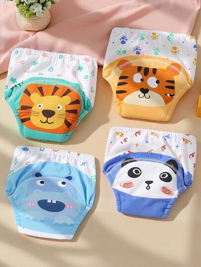 4 Stück dünne positionierte Tierdruck Baby Jungen/Mädchen Trainingshosen, weich & bequeme wiederverwendbare Stoffwindeln, unverzichtbares Geschenk für Babys