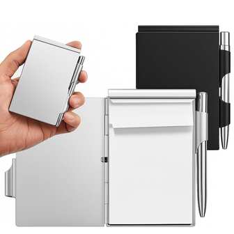 一套金属口袋笔记本套装，含笔和可替换内芯的铝制翻盖迷你笔记本支架，带笔插的紧凑型日记本，是办公用品或圣诞礼物的理想之选（黑色、银色）