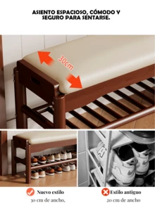 Banco de almacenamiento de zapatos con cojín, banco de entrada con almacenamiento de madera maciza ideal para entrada, sala de estar y pasillo, asientos de piel sintético - Burdeos - Ver 6