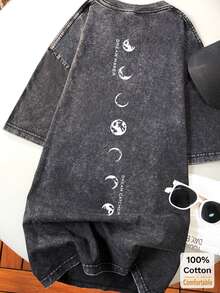 Oversized Vintage Black Washed Long Sleeve T-Shirt For Women, Moon Print Pattern Summer Casual - Black - View 7