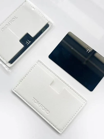 Tom Ford Card Slot Mirror, Mini Mirror, Metal Frame, Double-Sided, Compact & Portable, Travel Essential, Portable Makeup Mirror, Small Size, Metal Material, Double-Sided, White, Leather Card Case