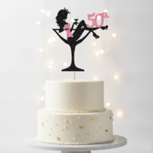 1件优雅粉色闪光50岁生日蛋糕装饰插牌，50岁生日派对用品，女士鸡尾酒杯剪影蛋糕插牌，魅力十足的女士生日蛋糕装饰 - 彩色 - 查看 2