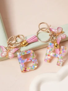 1pc Creative 26 English Alphabet Letter Keychain, Children Backpack Accessory, Butterfly Letter Pendant Keychain For Girls - Multicolor - View 3