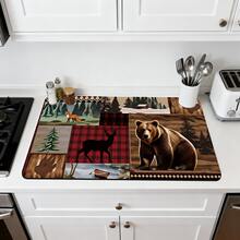1/10pcs Set Classic Modern Style Absorbent Mat, With Plaid Background Decorated With Bears, Deers, Foxes And Wooden Cabins Countryside Forest Pattern, Ideal For Kitchen Countertop, Cafe Bar, Spring Holiday Home Decor, Dish Drying Mat, Coffee Machine Mat - Multicolor - View 19