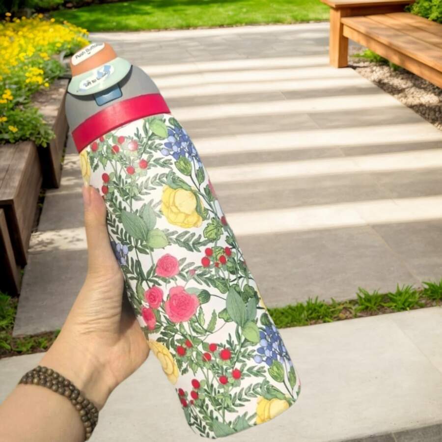 Owal'o  32oz This Insulated Stainless Steel Water Bottle Features A Double-Walled Design, A Straw, And A Handle. It's A Vacuum-Insulated Bottle, Suitable For School, Office, Outdoor Activities, Sports, And Travel. A Variety Of Different Floral Designs Are Available For You To Choose From. - Beige - View 1