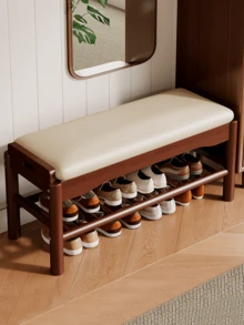Banco de almacenamiento de zapatos con cojín, banco de entrada con almacenamiento de madera maciza ideal para entrada, sala de estar y pasillo, asientos de piel sintético - Burdeos - Ver 2