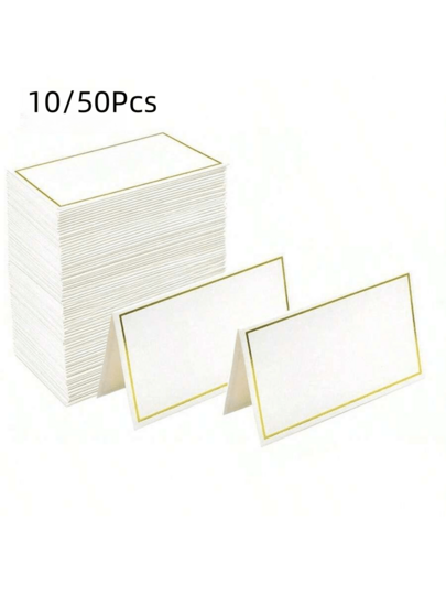 50pcs Gold Foil Edged Place Cards, Wedding Table Seating Cards, Name Tags, Escort Cards, Folding Wedding Cards, Table Cards, Thank You Cards, Greeting Cards, Food Station Labels, Unique Textured Table Cards For Birthday Party, Bridal Shower, Anniversary Party, Product Labels