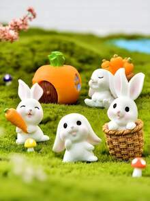 7件套可爱迷你兔子蛋糕装饰品，兔子蛋糕顶饰，迷你复活节兔子和胡萝卜屋仙境花园桌面玩具，适合生日派对蛋糕装饰，可爱树脂兔子摆件，DIY微缩景观装饰，生日派对礼物 - 彩色 - 查看 2