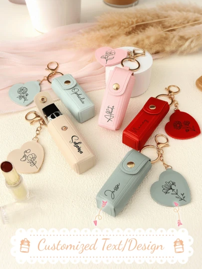 Customized Personalized Mini Lipstick Case-Featuring A Heart-Shaped Pendant And A Flower-Shaped Lipstick Storage Box Engraved With Her Personalized Name, Portable Mask, A Retro-Style Metal Lipstick Case