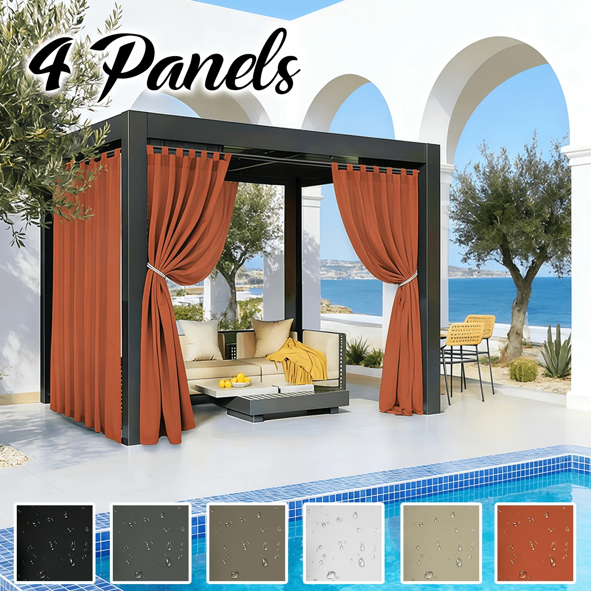 4 Panels Light Filtering Outdoor Waterproof Yard Decoration Curtains For Patio, Solid Color Tab Top Curtains, Uv-Resistant Privacy Protection Outside Drapes For Gazebo, Pergola, Pool, Porch, Cabana - Orange - View 1