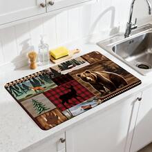 1/10pcs Set Classic Modern Style Absorbent Mat, With Plaid Background Decorated With Bears, Deers, Foxes And Wooden Cabins Countryside Forest Pattern, Ideal For Kitchen Countertop, Cafe Bar, Spring Holiday Home Decor, Dish Drying Mat, Coffee Machine Mat - Multicolor - View 2