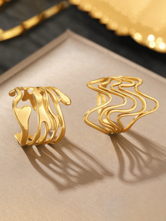 2pcs Stainless Steel Irregular Line Ring Gold Color Simple Geometric Multilayer Vintage Rings Set,Fashionable Party Ring Jewelry Gifts.