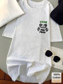 Cartoon Graphic Short Sleeve Mid-Length T-Shirt For Women, Fashionable Casual Top Summer - Gray - View 2