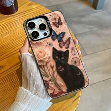 Con el encantador patrón Gato y mariposas, Funda de teléfono de plata coloreada, adecuado para Apple 17Pro/17ProMax/17/Air/16/16e/16Pro/16ProMax/16Plus/11/12Mini/13Mini/15ProMax/15Pro/15Plus/14Pro/14ProMax/14Plus/12Pro/12ProMax/13Pro/13ProMax,Galaxy S25+/S24 Ultra/S23 FE/A55/A54/A35/A34/A32/A22/A15/A12/A06/A05/A04E/A04/A03/A02/M15/M145G, Antimanchas,Anti-deslizante,Duradero -- Es La Opción Perfecta Para el Uso Diario y un Regalo Perfecto Para Amigos y Familiares! - Negro - Ver 5