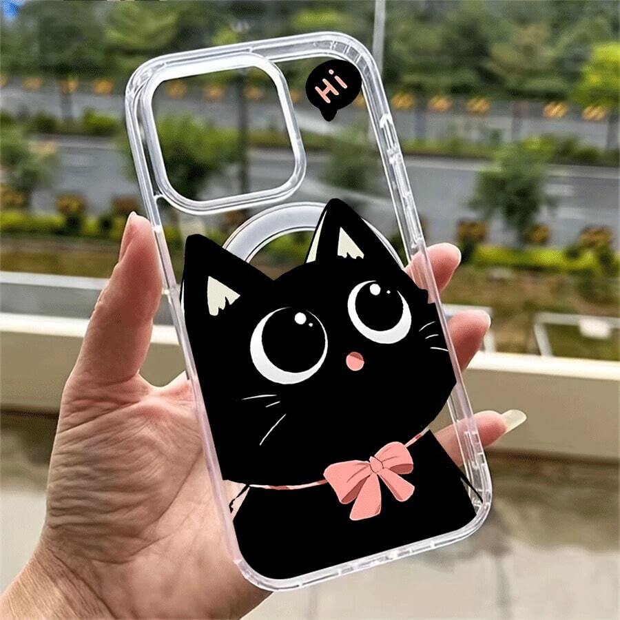 Funda para teléfono de acrílico transparente magnético con patrón Gatito negro Hola, compatible con iPhone 17/16/15/14/13/12/11 Pro Max/Pro/Plus, Galaxy S25, S24, S23, S22, S21, S20 y serie A, OPPO y . - transparente - Ver 1