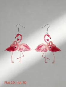 2D火烈鸟情侣吊坠耳环，情人节礼物，扁平亚克力耳环，时尚精致 - 情侶紅鶴 - 查看 2