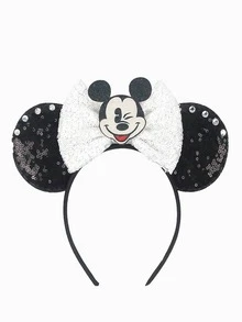 1个波点蝴蝶结发箍，可爱米妮蝴蝶结耳朵发箍，经典米奇老鼠发箍，卡通可爱米奇耳朵发箍，闪亮耳朵发箍，闪亮蝴蝶结米奇耳朵发饰，主题公园郊游发饰，适合学生派对、化装舞会、角色扮演、主题公园、情人节装扮