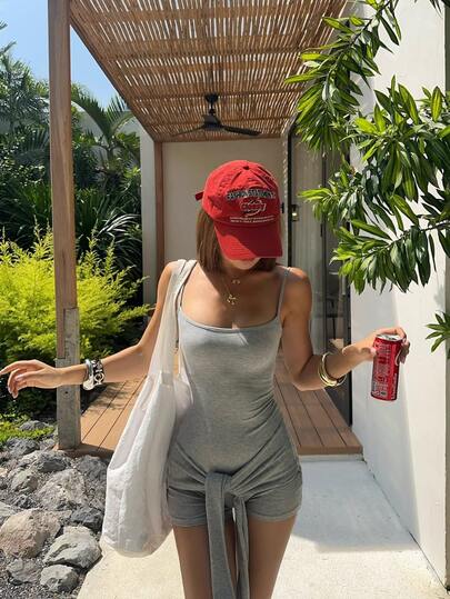 VIVINA Women's Summer Solid Color Fashion Casual Jumpsuit With Waist Tie Design, A Tight-Fitting And Sexy Sleeveless Romper, Suitable For Casual Sports, Jogging, Fitness, Everyday Wear At Home, And Going Out With Friends. Perfect For Women's Summer Outfits.