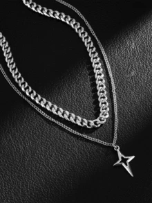 Stainless Steel Double-Layer Necklace With Cross And Star Motifs Minimalist Chic Design For Men Versatile Layered Style Hip-Hop Accessories Unique Fashion Statement - Necklace - View 5