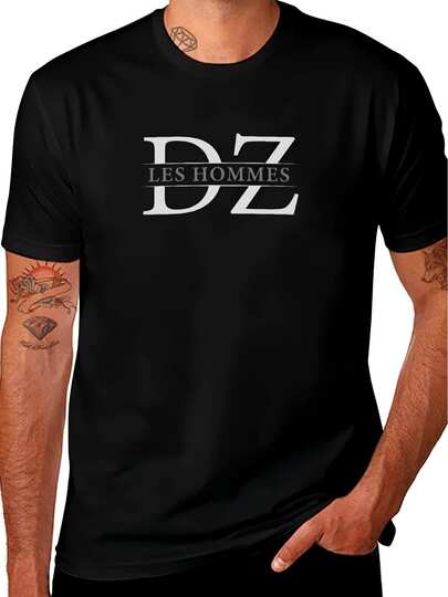 Men'S Vintage Graphic T-Shirt - Bold DZ Lettering & Geometric Pattern - Classic Crew Neck Tee - All-Season Everyday & Formal Shirt - Minimalist Men'S Fashion Essential, Versatile Casual Top, Summer Wardrobe, Retro Design, Breathable Material