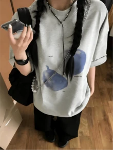 街头风复古宽松版型水洗蓝印花短袖T恤，休闲度假夏季款 - 淺花灰 - 查看 3