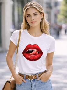 Camiseta Babylook T Shirt Blusa Moda Feminina Casual Estampa Boca Lingua - Branco - Visão 1