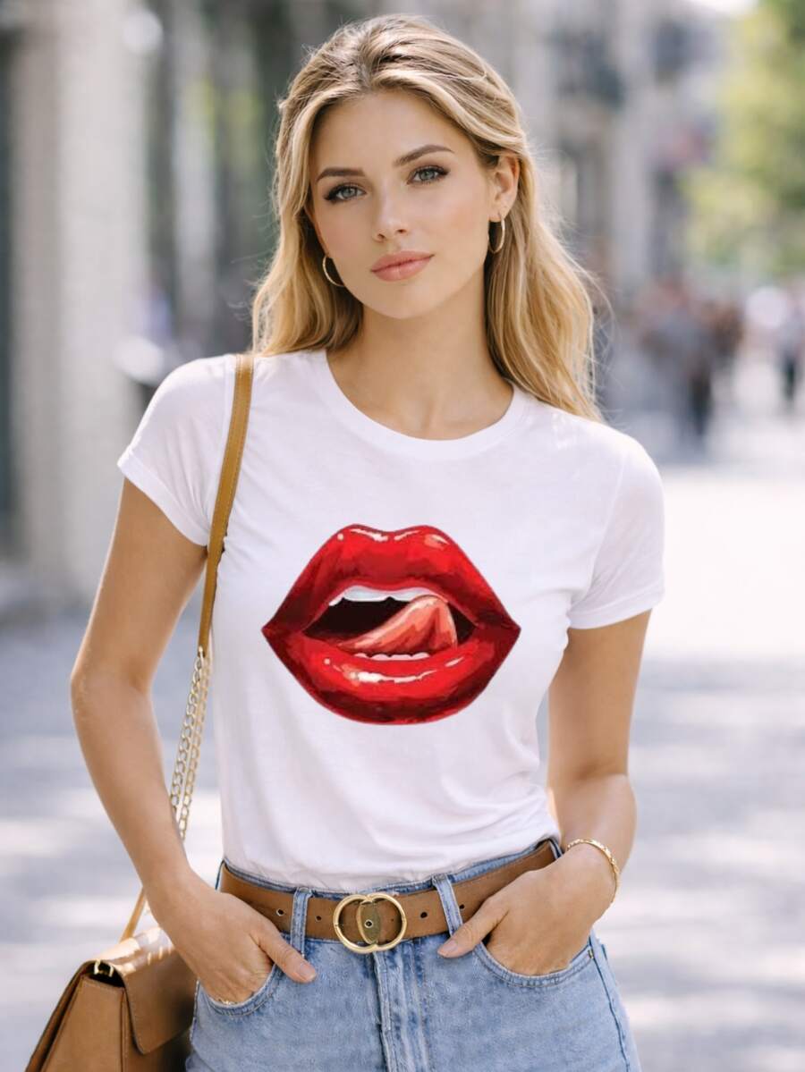 Camiseta Babylook T Shirt Blusa Moda Feminina Casual Estampa Boca Lingua - Branco - Visão 1