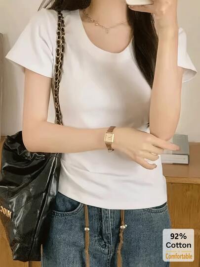 女士短袖T恤，百搭修身纯色休闲T恤