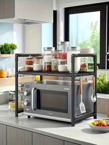 2 niveaux Étagère métallique réglable pour four à micro-ondes, étagère de rangement de cuisine noire avec étagères ouvertes, organisateur gain de place pour micro-ondes, four et plan de travail, s'adapte aux petits espaces - Multicolore - Voir 7