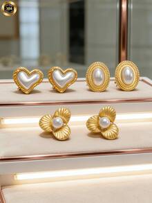 3 pares de pendientes de perla con lazo elegantes, de diseño vintage y lujoso, hechos de acero inoxidable. Adecuados para uso diario y ocasiones festivas, un accesorio versátil para mujeres durante todo el año. Pendientes de perla, diseño de lujo de alta gama, excelentes para el Día de San Valentín. Joyería occidental - Multicolor - Ver 8