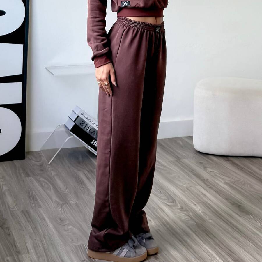 Women's High-Waisted Palazzo Pants In Comfortable And Stylish Fleece; Wide Leg Fleece Pants; Women's Fleece Set - Rust Brown - View 1