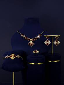 5pcs 18K Gold Plated Luxury Royal Style Square Geometric Tassel Design Bridal Wedding Jewelry Set, Handset White Cubic Zirconia, Including Necklace, Bracelet, Earrings, Ring, Suitable For Daily Wear And Wedding, Wedding Anniversary Gift - Square Geometric Bridal Set - View 9