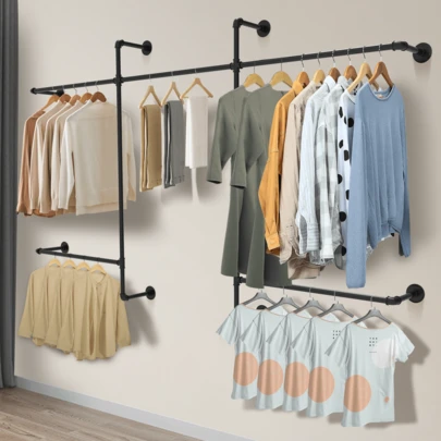 GCCSJ Pipe Clothing RackIndustrial Pipe Clothing Racks Wall Mounted, Pipe Clothes Rack With 5 Hanging Rods, Heavy Duty Garment Rack For Bedroom, Laundry Room, Closet Systems For Walk In Closets