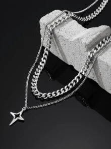 Stainless Steel Double-Layer Necklace With Cross And Star Motifs Minimalist Chic Design For Men Versatile Layered Style Hip-Hop Accessories Unique Fashion Statement - Necklace - View 3