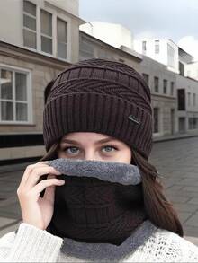 2pcs/Set Hat & Scarf For Women, Autumn/Winter Warm Knitted Hat With Thermal Lined, Versatile Riding Ear Protection Hat & Fuzzy Scarf, Random Color - Multicolor - View 6