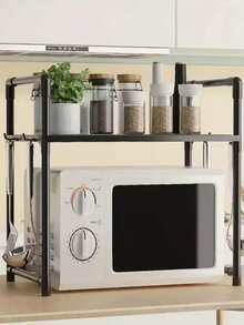 可扩展半层厨房置物架，适用于微波炉和烤箱 | 黑色金属台面收纳架，开放式搁板，非常适合存放调料、餐具、炊具、电器 | 多功能厨房置物架 | 黑色金属框架 - 彩色 - 查看 9