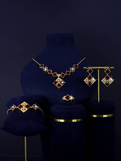 5pcs 18K Gold Plated Luxury Royal Style Square Geometric Tassel Design Bridal Wedding Jewelry Set, Handset White Cubic Zirconia, Including Necklace, Bracelet, Earrings, Ring, Suitable For Daily Wear And Wedding, Wedding Anniversary Gift