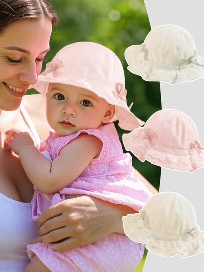 1pc Baby Girl Lace Breathable Bowknot Sun Hat, Versatile Bucket Hat Suitable For Everyday Wear And Outdoor Activities, Girls Spring/Summer