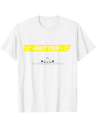 Camiseta gráfica de simulador de vuelo de aterrizaje BUTTER con temática de aviación para hombres - 100% de manga corta, cuello redondo, camiseta casual con estampado de avión y mantequilla, camisa transpirable para todas las estaciones para entusiastas de la aviación, atuendo casual y eventos temáticos (amarillo)