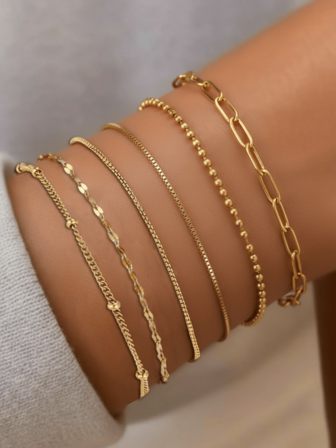 这款不锈钢女士手链采用多链重叠设计，可拆卸单独佩戴。细节之处尽显匠心，适合日常佩戴/街拍模特/派对/音乐节等场合佩戴。