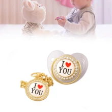 Babyschnuller, gebogenes Design, personalisierter Glitzersauger (Geeignet für Babys von 6–12 Monaten), mit Kettenclip, geeignet für Neugeborene. - Gold - Übersicht 1