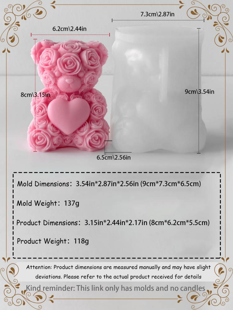 3D Rose Bear Silicone Mold, Valentine's Day Bestseller, Candle/Resin/Plaster DIY, Romantic Handmade Gift Material - White - View 7