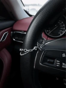 Silver Steering Wheel Chain With Black Cross Pendant, Gothic Style Car Accessory | Unique Gift For Him - Multicolor - View 2
